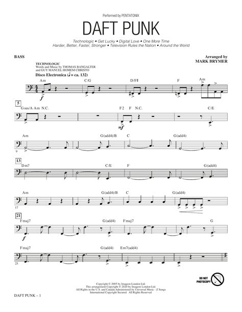 Daft Punk Choral Medley Arr Mark Brymer Bass Sheet Music Pentatonix Choir