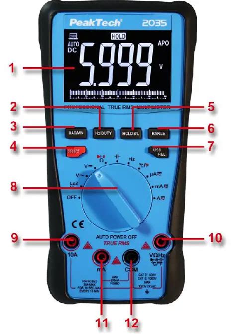 PeakTech 2035 True RMS 1000V Digital Multimeter 6000 Counts Instruction