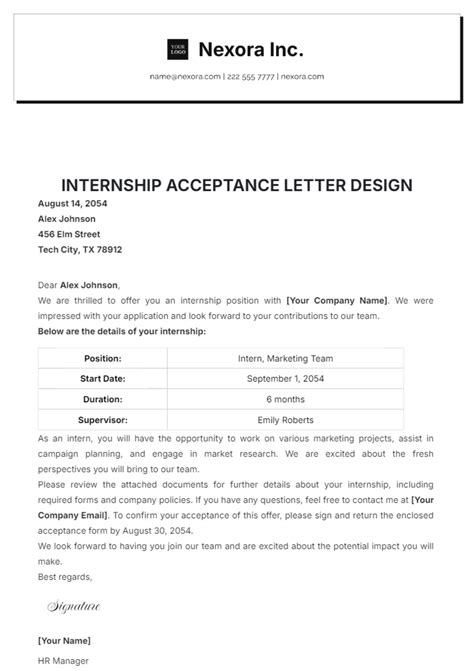 Free Internship Acceptance Letter Design Template to Edit Online