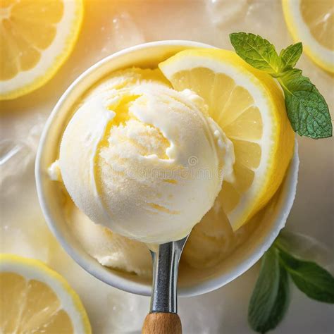 Illustration Of A Scoop Of Lemon Ice Cream Surrounded By Fresh Lemon