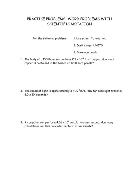 Scientific Notation Word Problems Worksheet