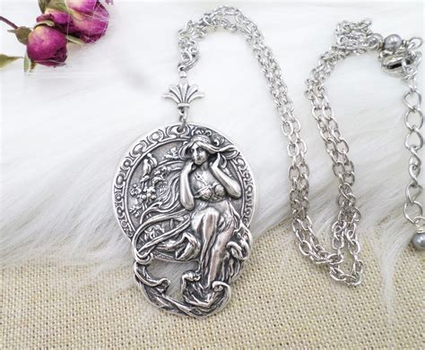 Silver Alphonse Mucha Necklace Art Nouveau Goddess Pendant Etsy