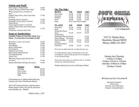 Menu At Joe S Grill Express Restaurant Honolulu N Nimitz Hwy 109