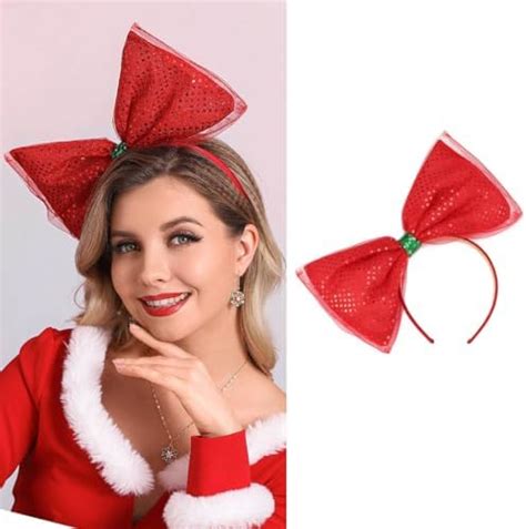 Catery Christmas Bow Headband Sequins Bow Hair Hoop Red Bow Hair Band Holiday Cute