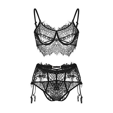 Women Lace Trim Lingerie Set With Bra Panty Garter Belt And Stockings