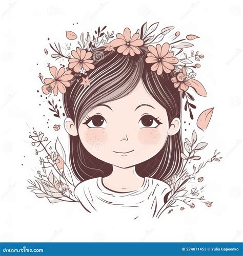 Cute Girl With Flowers Illustration Ai Generative Stock Illustration