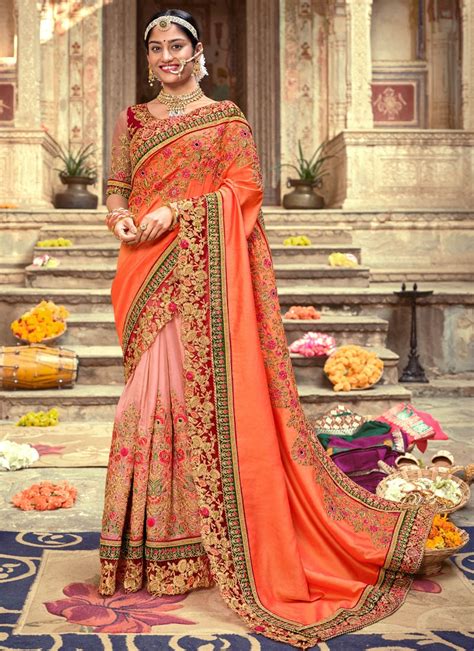 Peach And Orange Silk Festival Wear Saree