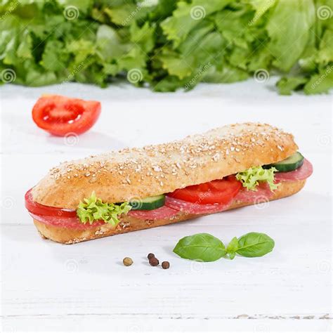 Sub Sandwich Whole Grain Grains Baguette With Salami Ham Square Stock