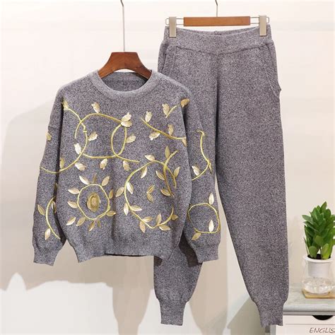 Buy 2018 Winter 2 Pieces Sweater Suits Embroidery Sweater Knitted Pants Set