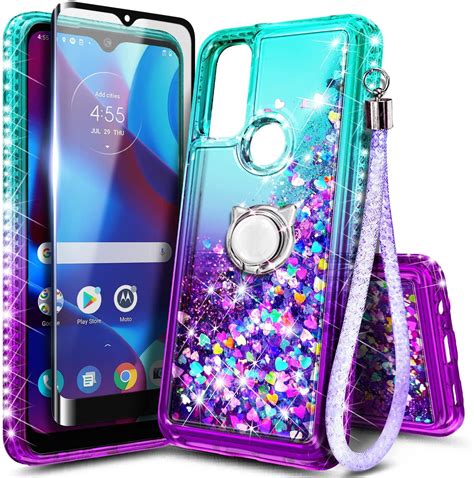 Nagebee Moto G Pure 2021 Case Screen Protector Glitter Aquapurple Ring Holder Wrist Strap