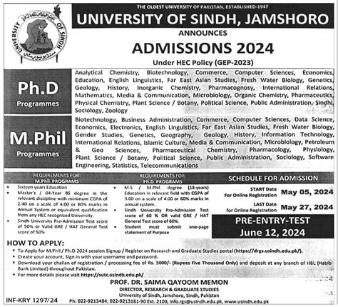 MPhil And PhD Admissions At University Of Sindh Jamshoro 2025