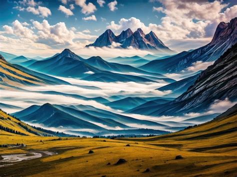 Una pintura de un paisaje de montaña con un camino y un camino en