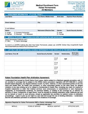 Fillable Online Lacers Medical Enrollment Form Kaiser Permanente All