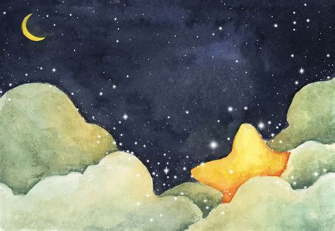 Watercolor Painting Of Night Sky With Crescent Moon And Shining Stars