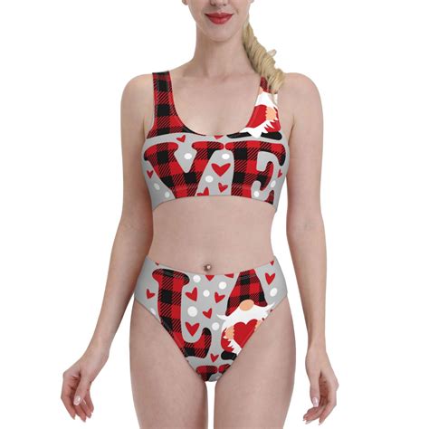 Adobk Buffalo Plaid Love And Gnome Print Women High Waisted Bikini Set