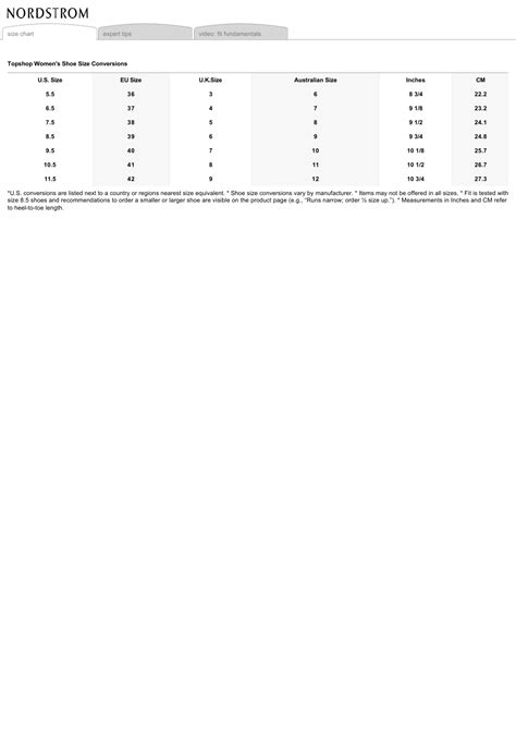 Women's Shoe Size Conversion Chart - Topshop Download Printable PDF ...