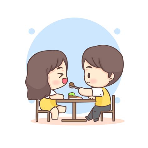 Cute Lovers Couple Sitting And Eating Together Happy Valentine Chibi Cartoon Character 9390030