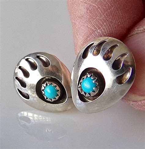 Vintage Sterling Silver Bear Paw Turquoise Post Earrings Etsy Etsy