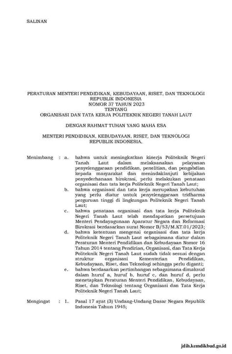 Peraturan Menteri Pendidikan Kebudayaan Riset Dan Teknologi No 37