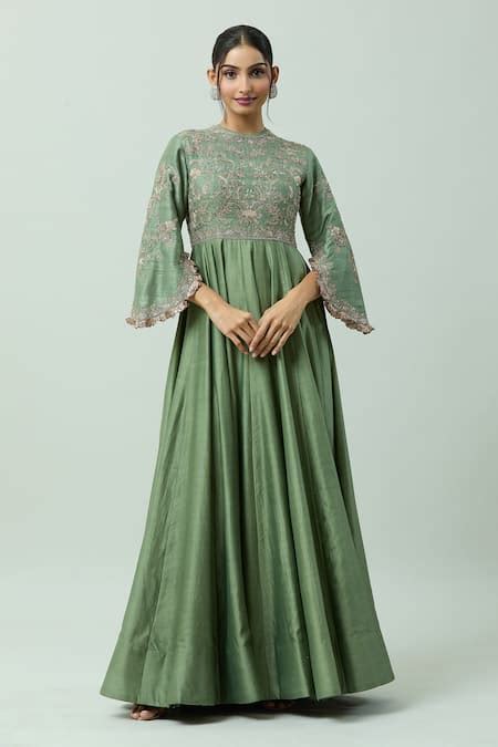 Buy Green Chanderi Hand Embroidery Floral Round Neck Bodice Anarkali