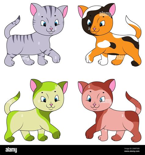 Cuatro Divertidos Diferentes Gatos De Dibujos Animados Aislados Sobre