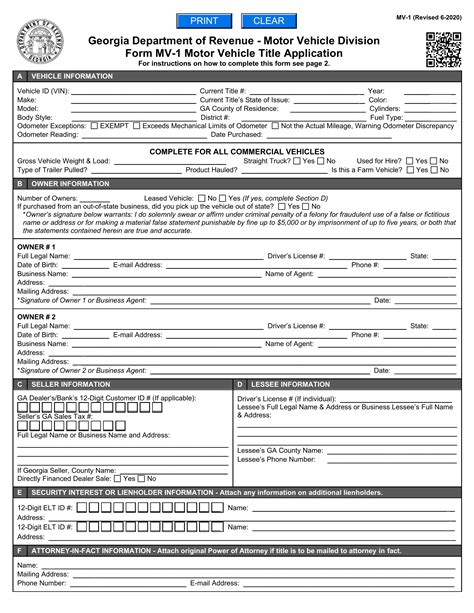 Ga Dmv Form Mv 1 Dor Motor Vehicle Title Tag Application Forms Docs