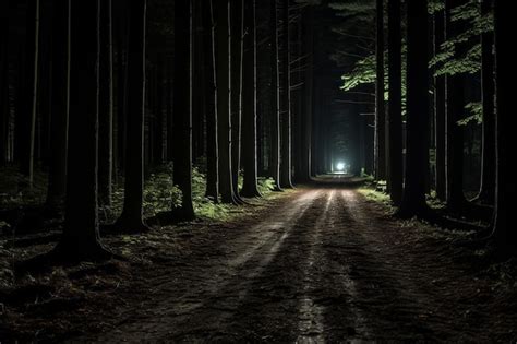 Premium AI Image | a dark road in the middle of a forest at night