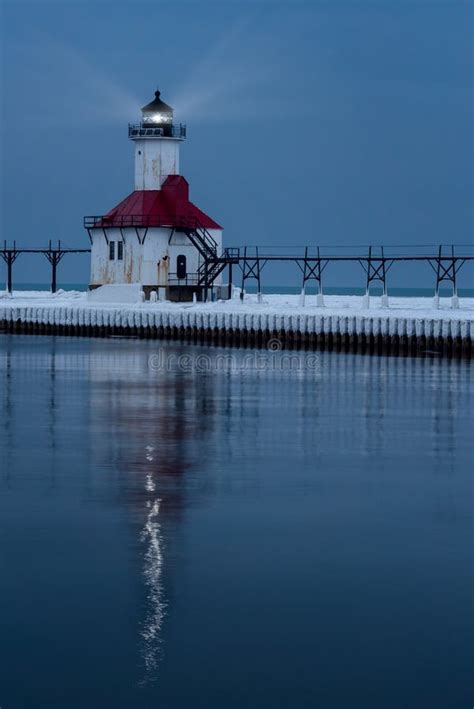 St Joseph North Pier Lighthouse Stock Photo Image Of Snow Water