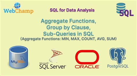 Sql 4 Aggregation Functions Min Max Count Sum Avg With Group By Clause Sub Queries In