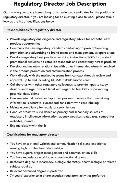 Regulatory Director Job Description Velvet Jobs