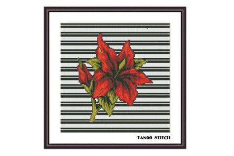 Striped Red Lily Flower Cross Stitch Graphic By Tango Stitch Creative