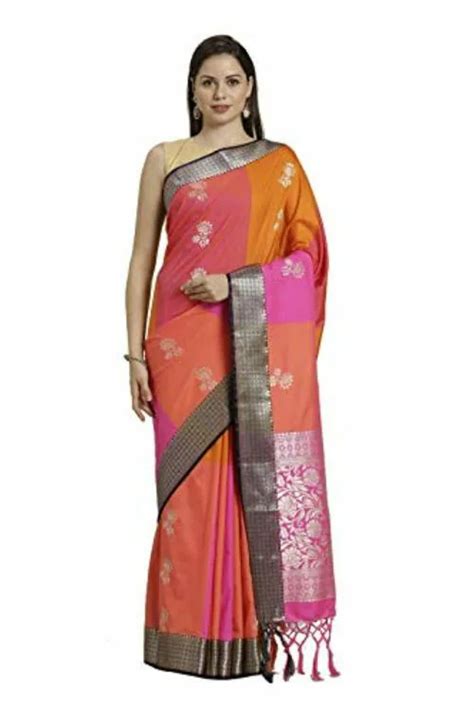 Buy Varkala Silk Sarees Women Orange And Coral With Navy Blue Woven Design Kanchipuram Silk