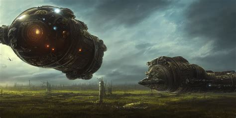 Steampunk Spaceship Hovering Over Fields And Small Stable Diffusion