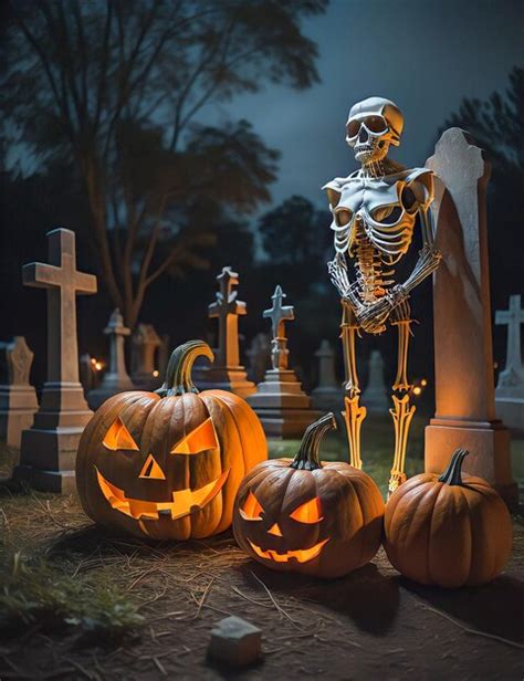 Premium AI Image | Pumpkins in a graveyard on a spooky night Halloween night