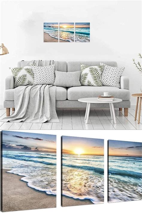 Tutubeer Panel Wall Art Blue Sea Sunset White Beach Painting The