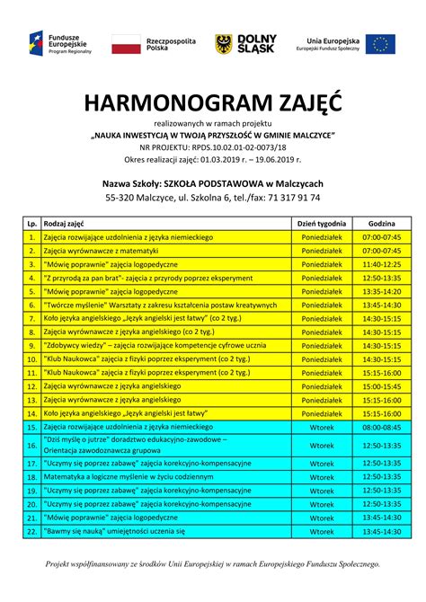 Harmonogram Zaj Realizowanych W Ramach Projektu Gmina Malczyce