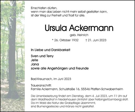 Traueranzeigen Von Ursula Ackermann Rz Trauer De