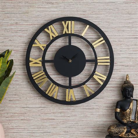 Buy eCraftIndia Black & Golden Modern Round Shape Roman Numerals Wooden ...