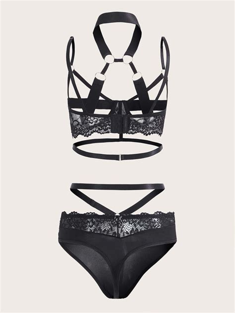 ROMWE Goth Floral Lace Ring Linked Lingerie Set SHEIN UK