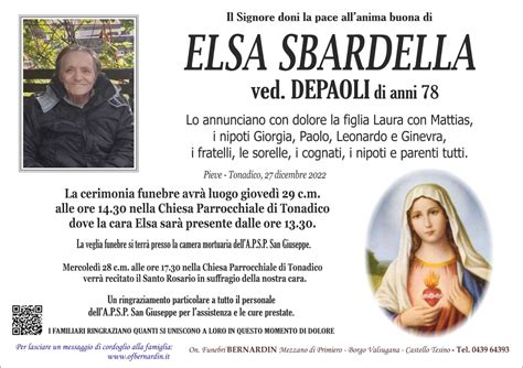 Addio Elsa Sbardella Vedova Depaoli Funerali Gioved Dicembre Alle