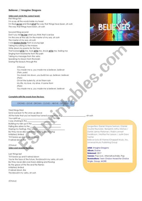 Song Believer Imagine Dragons - ESL worksheet by Ana Vidal Rabassa