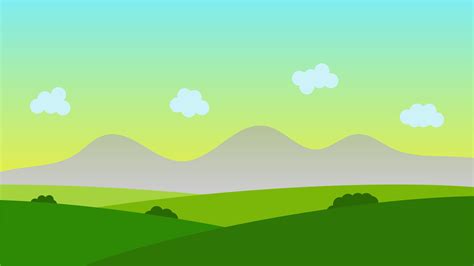 Landscape Cartoon Scene With Green Trees On Hills And White Fluffy