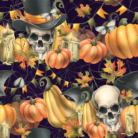 Premium Photo Human Skull Black Top Hat With Orange Pumpkins Cobwebs Candles And Autumn Maple