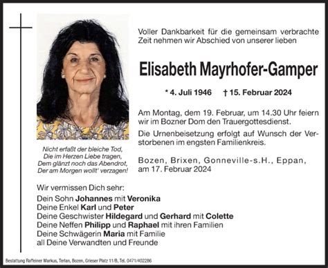 Traueranzeigen Von Elisabeth Gamper Trauer Bz