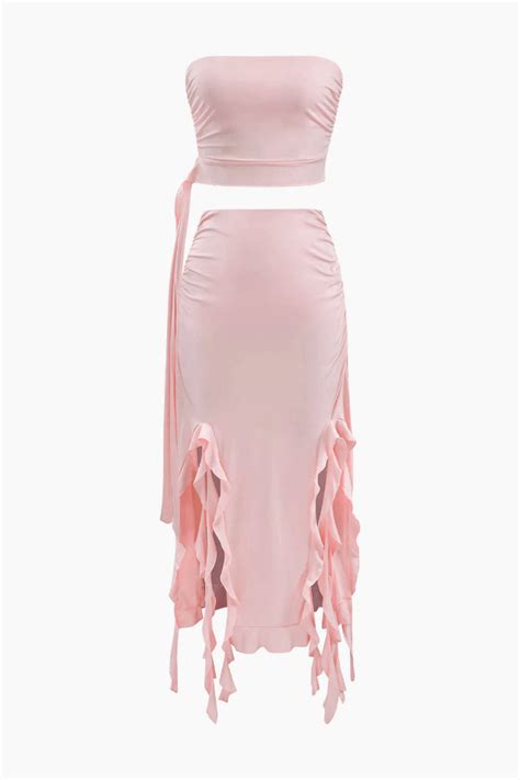 Asymmetric Tube Top And Ruffle Skirt Set Long Pink Skirt Skirt Set