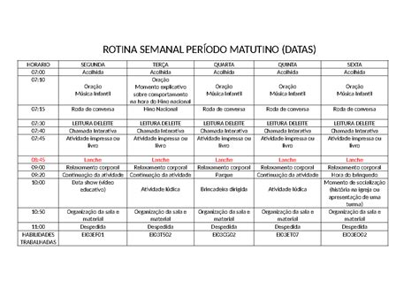 Rotina Semanal Escola Nivalda Abril Rotina Semanal PerÍodo Matutino Datas Horario Segunda