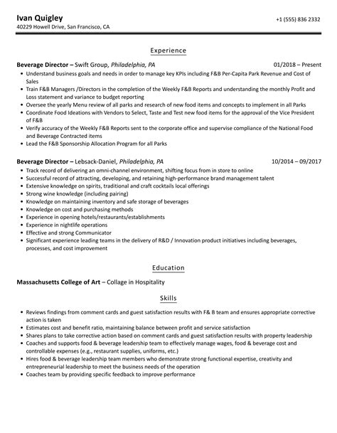 Beverage Director Resume Samples Velvet Jobs