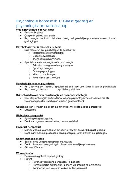 Psychologie Samenvatting Compleet Psychologie Hoofdstuk 1 Geest