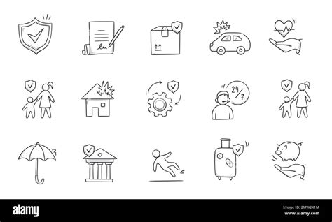 Insurance Doodle Icon Set Hand Drawn Sketch Life Shield Insurance