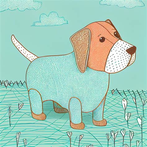 Dibujo Animado De Un Perro En Un Campo Con Flores Y Nubes Generativo Ai